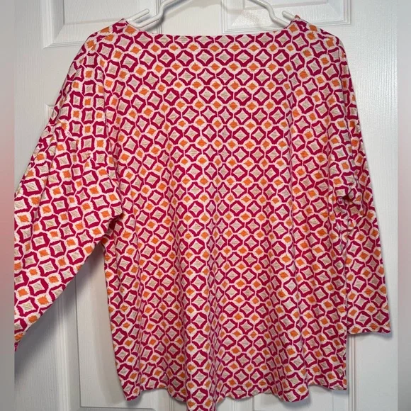 Chico's Pink Orange Geometric 3/4 Sleeve Top shirt Cotton Blend Pullover Size 2 - Picture 5 of 5